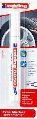 The product is packaged in a clear plastic blister pack, showing the white marker pen and a graphic of a car tire.