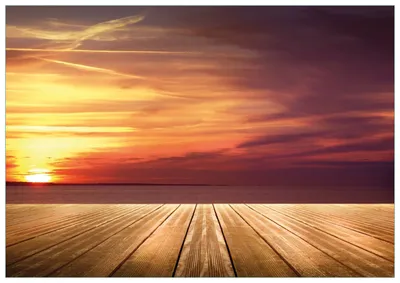 Produktbild von Wallario Premium Glasbild, freischwebende Optik, kräftige Farben, Größe 100 x 70 cm Motiv Steg am See - Sonnenuntergang und roter Himmel