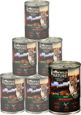Produktbild von Dehner Wild Nature Katzenfutter Hochmoor, Nassfutter getreidefrei, für ausgewachsene Katzen, Ente / Pute, 6 x 400 g Dose (2.4 kg)