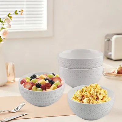 Produktbild von Set aus 4 Keramik-Müslischalen mit Reliefmuster, 320 ml, weiße Dessert-, Suppen- und Frühstücksschalen