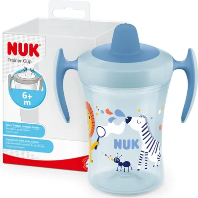 Immagine prodotto di Tazza per l'apprendimento NUK Trainer Cup | tazza a prova di perdite con beccuccio morbido e manici ergonomici | 6+ mesi | 230 ml | senza  | zebra blu, plastica Safari (blu)