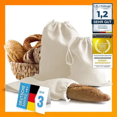 Produktbild von Dimono Brotbeutel aus Baumwolle 3er Set (20x25, 25x35, 30x45 cm) - Atmungsaktive & wiederverwendbare Brottaschen für frisches Brot, Bäcker