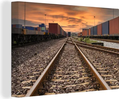 Produktbild von OneMillionCanvasses® - Leinwandbilder - 140x90 cm, Zugstrecke zwischen den Frachtcontainern, Wandbilder Kunstdruck Wanddekoration