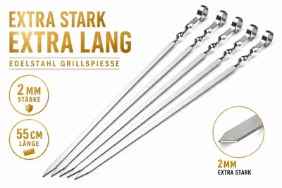 Produktbild von 20 Stk. Schaschlikspieße Edelstahl 55 cm – 2 mm Extra Stark – 1 cm Breit – Besonders Stabil & Formfest – Rostfreie Grillspieße für Fleisch, Gemüse BBQ