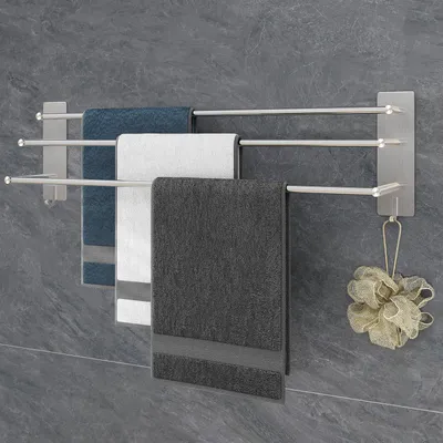 Productafbeelding van Handdoekhouder met 3 stangen, zonder boren, 75 cm, roestvrij staal SUS304, zelfklevend, zilver. Handdoekhouder voor badkamer met twee haken, geschikt voor keuken, badkamer en slaapkamer, kleur zilver