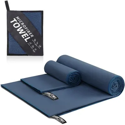 Immagine prodotto di Set di asciugamani in microfibra, 3 pezzi, blu scuro, dimensioni: 152x76 cm + 80x40 cm + 40x40 cm. Asciugatura rapida, leggeri