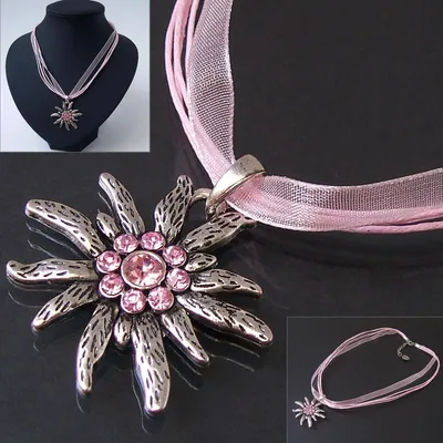Produktbild von Halskette Kette Tracht Dirndl Edelweiss Organzaband Rosa K1072