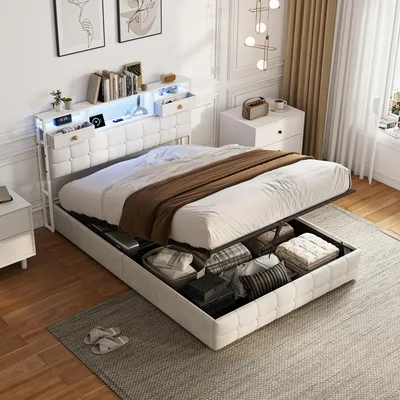 Produktbild von SUNFECILI Polsterbett 160x200 cm,Boxspringbett 160x200,mit Lattenrost,Weicher Rückenlehne und Kopfteil,USB,LED,Doppelbett,Jugendbett, Samt Stoff,Beige
