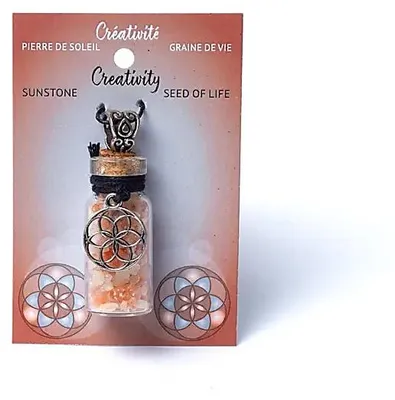 Produktbild von Glas-Geschenkflasche auf Kordel mit Sonnenstein und Samen des Lebens – 3er-Set – 3,6 cm