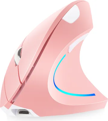 A pink ergonomic vertical mouse with blue LED lighting.