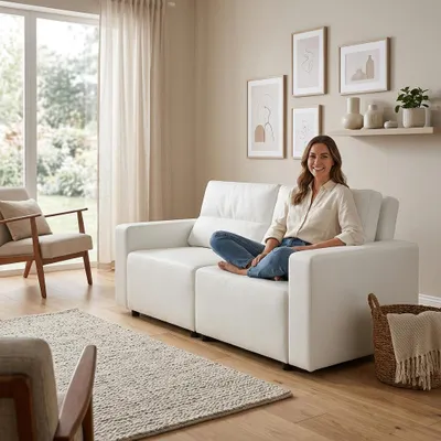 Produktbild von Schlafsofa KOMO Boston – Mit Schlaffunktion & Bettkasten, Kunstleder in Weiß, Family Meble, KI-generiertes Bild