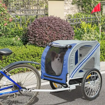 Produktbild von Hundewagen Fahrradanhänger Faltbar mit Netzfenstern Fahne Grau Blau
