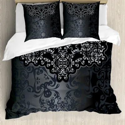 Produktbild von ABAKUHAUS Dunkelgrau Bettbezug Set, Vintage Damast inspirierte Verzierung viktorianische Wirbel Curlicues künstlerisch, 155 x 220 cm + 80 x 80 cm, Dimgrey Schwarz Braun