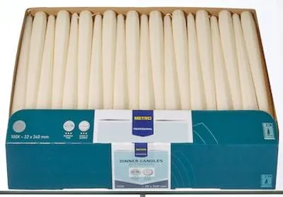 Zdjęcie produktu dla Świece stołowe METRO PROFESSIONAL, 2,2 x 24 cm, wosk, białe, 100 sztuk