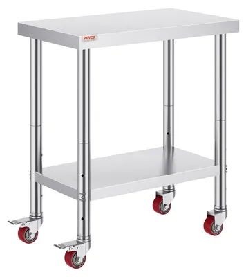 Zdjęcie produktu dla Stół roboczy ze stali nierdzewnej do gastronomii, wymiary 30 x 18 cali, stół kuchenny do zastosowań komercyjnych z 4 kółkami, stół roboczy do przygotowywania posiłków z regulowaną półką, stół do przygotowywania posiłków w kuchni