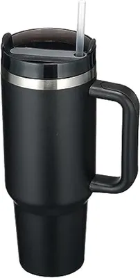 Vakuum-Isolierbecher mit Griff und Strohhalm - Ideal für heiße und kalte Getränke - 1200 ml Schwarz