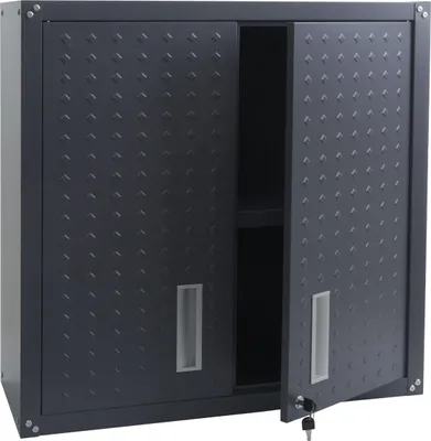 A dark gray metal cabinet with two sliding doors, one of which is slightly ajar, revealing a shelf inside. The cabinet has a textured diamond pattern on its doors and silver handles.