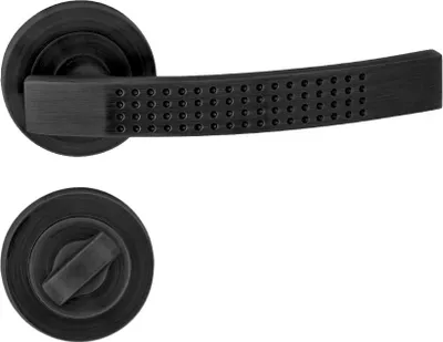 A black door handle set, including a lever handle and a privacy lock knob, is displayed against a white background.