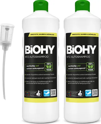 Produktbild von BIOHY KFZ Autoshampoo (2x1l Flasche) + Dosierer | Konzentrat exzellente Reinigungskraft & Schaumbildung | Schützender Abperleffekt | Erzeugt einen anhaltenden frischen Duft