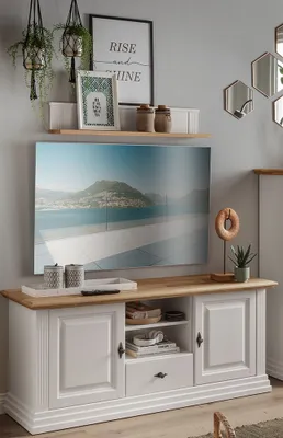 Produktbild von Wohnwand weiß ESBJERG-69 Landhausstil in Kiefer weiß lackiert mit Eiche massiv 2-teilig