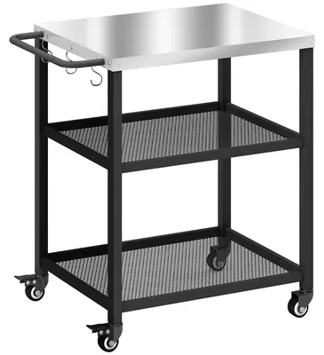 Produktbild von Grillwagen 3-Etagen Servierwagen mit Arbeitsfläche verstellbar Ablagen Haken Räder 77 x 51 x 80 cm Schwarz