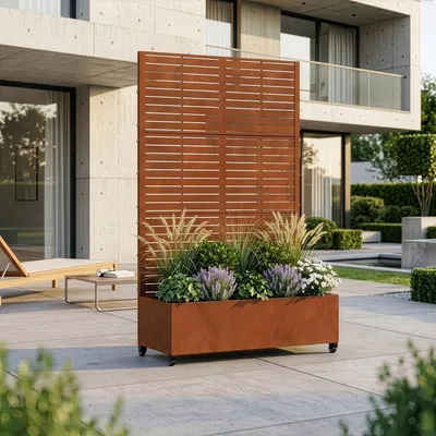 Image de Cloison 'Nodepp' avec jardinière, dimensions 190 x 120 x 38 cm, 4 rouleaux, pour intérieur et extérieur, résistante aux intempéries, en acier inoxydable