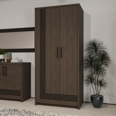Produktbild von Forte EUFEMIUS Kleiderschrank 90 95, moderner Schrank mit dekorativer Fräsung, Dunkelbraun|Schwarz Eiche Holzdekor, 91,5 cm breit x 198,3 cm hoch x 52,7 cm tief