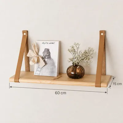 Image de leg&go Étagère flottante 60x15cm, en bois avec lanières en cuir, étagère murale