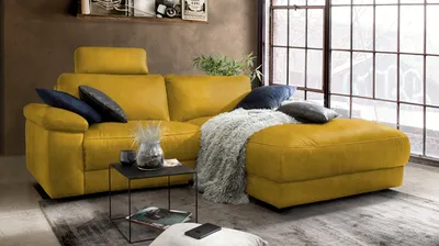 Produktbild von KAWOLA Sofa LOLA Ecksofa Stoff curry mit motorischer Relaxfunktion Recamiere rechts