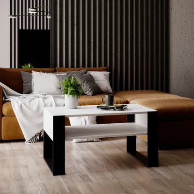 Produktbild von Couchtisch KARO 92 Wohnzimmertisch rechteckiger Kaffeetisch aus Holz Modern Teetisch 92 x 53,6 x 45cm Holz Weiß / Schwarz