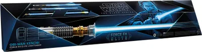 The image shows the packaging for a Star Wars Obi-Wan Kenobi Force FX Elite Lightsaber. The packaging features a graphic of the lightsaber, an illustration of Obi-Wan Kenobi, and the Star Wars logo.