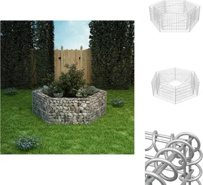 A hexagonal gabion raised garden bed filled with plants sits on a green lawn, with a wooden fence and tall hedges in the background.