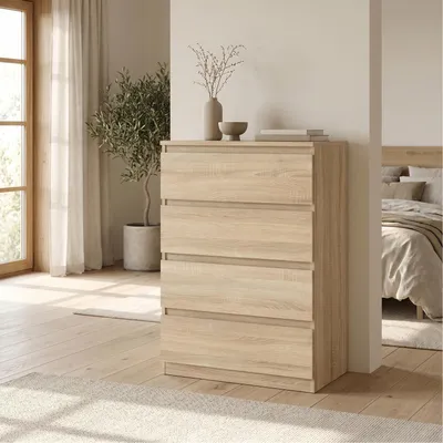 Produktbild von Masseno Kommode NUDO 70 cm Sideboard mit 4 Schubladen und Türen für Wohnzimmer Schlafzimmer Modern 70x39x102 cm Sonoma Eiche / Sonoma Eiche