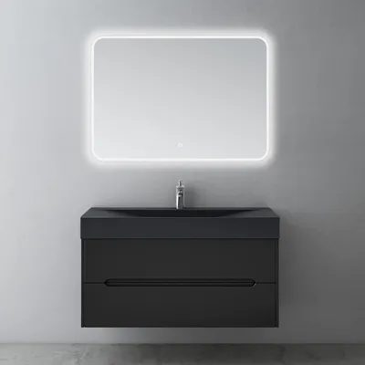 Produktbild von Mai & Mai Badezimmermöbel Waschbeckenunterschrank mit Softclose Schubladen inkl. Mineralguss Waschbecken LED-Badspiegel 100cm in Matt Schwarz Badmöbel-Set Yoga