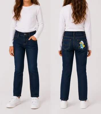 Produktbild von 84206 Disney Schlümpfe Jeans Mädchen Blau Gr. 116 – Bequeme Kinderjeans mit gestricktem Schlümpfe-Motiv hinten – Weicher Bund – Freizeit & Schule