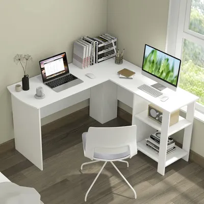 Produktbild von biurko 130 cm w kształcie litery L, nowoczesne biurko w prostym stylu z półkami do przechowywania, 2 otwory do prowadzenia kabli, konstrukcja oszczędzająca miejsce, biurko narożne do domu, biura (białe)