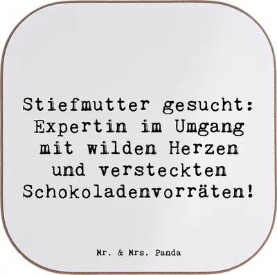 Produktbild von Mr. & Mrs. Panda Holzuntersetzer Spruch Stiefmutter Expertin - Weiß - Geschenk, Herausforderungen, Untersetzer für Gläser, lustige Familienwitze, Liebe, Coaster, Tasse