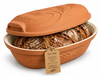 Produktbild von KERAZO 4,5 Liter Brotbackform mit Deckel und Getreidemuster aus Steingut, 38x24x15 cm, Bräter, Auflaufform, Schmortopf, natur-creme