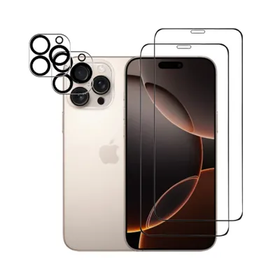 A gold iPhone with camera lens protectors and screen protectors.