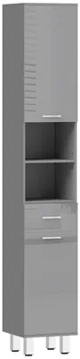 Image de Armoire de salle de bain avec étagères et tiroir, réglable en hauteur | Couleur : Gris | Dimensions : 30 x 30 x 180 cm