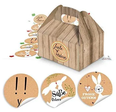 Produktbild von 5 kleine Geschenkboxen Geschenk Schachteln Kartons Holz Optik braun 9 x 12 x 6 cm + 24 runde Aufkleber 4 cm Kraftpapier Frohe Ostern Sticker Verpackung schwarz weiß braun
