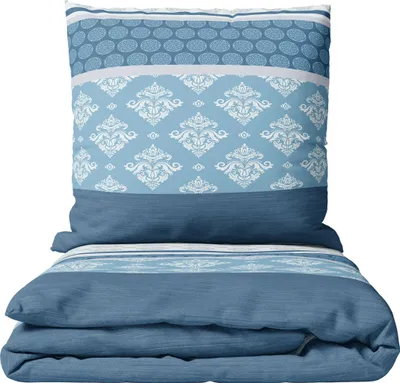 Produktbild von Biber Bettwäsche Set 155x220 cm Blau Weiß Gestreift Ornamente mit Reißverschluss Winter