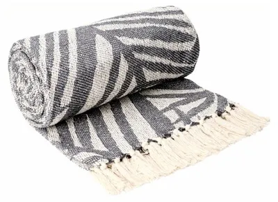 Immagine prodotto di Coperta, coperta in cotone con frange, stile bohémien, ideale per la terrazza, 150x200 cm, colore grigio, motivo foglie