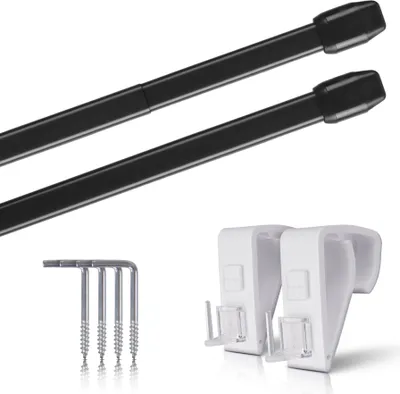 Two black curtain rods and mounting hardware are displayed against a white background.