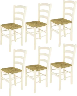 Produktbild von t m c s Tommychairs - 6er Set Stühle VENICE für Küche und Esszimmer, robuste Struktur aus lackiertem Buchenholz in Anilinfarbe Weiss und Sitzfläche aus Stroh