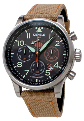 Produktbild von Kienzle Chronograph Herren 45 mm Saphirglas Miyota 6SA2 10 ATM, Mattschwarz Zifferblatt, Datum, lumineszierende Zeiger, Cordura-Lorica Armband beige