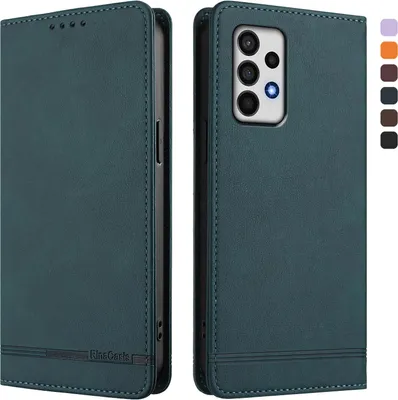 Two views of a green flip-style phone case on a white background.