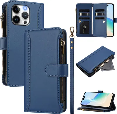 Image de Etui pour iPhone 13 Pro, zippé, étui portefeuille en cuirPolyuréthaneavec pochettes pour cartes, support et dragonne bleu