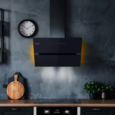 Image de Hotte aspirante cuisine 90cm Hotte Murale Inclinées acier inoxydable verre noir