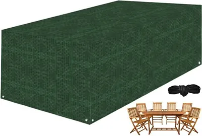 A green garden furniture cover is shown, with a set of garden furniture and a rope in the foreground.